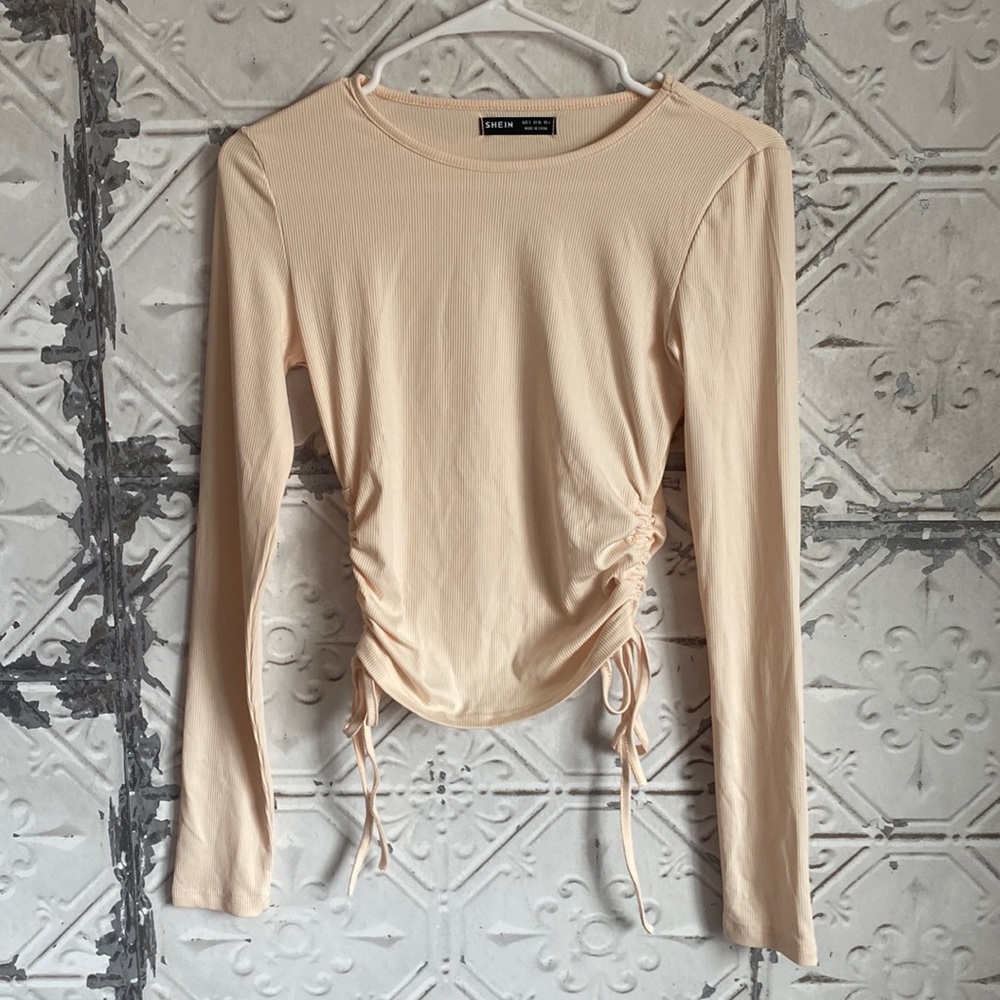 Cream nude ribbed ruched long sleeve top